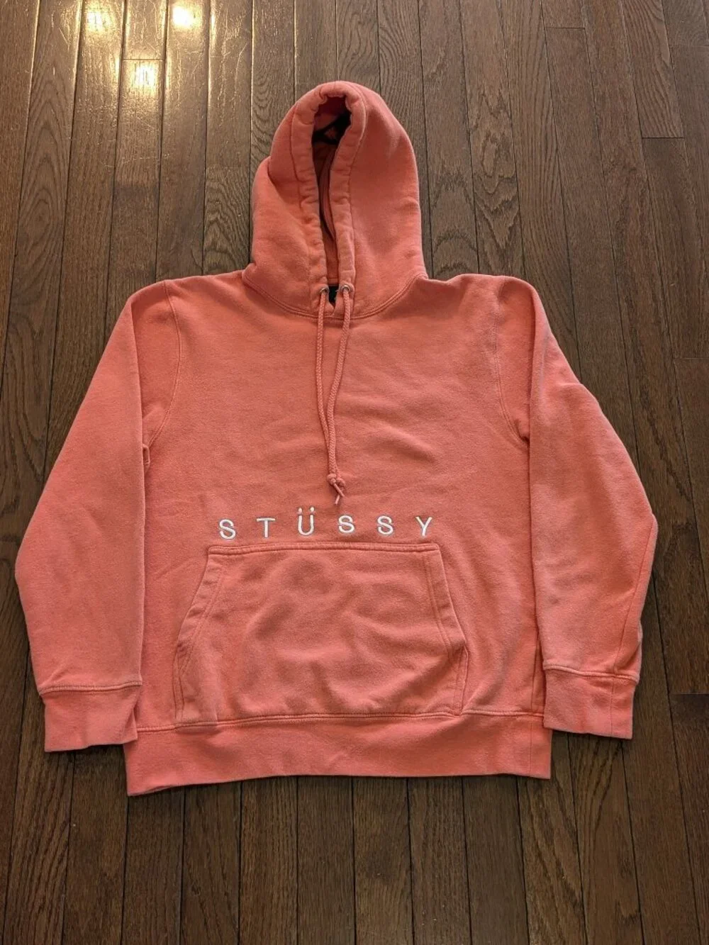 Stussy Embroidered Spell Out Hoodie Coral Made in USA - Size S - Picture 1 of 6